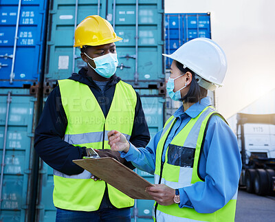 Buy stock photo Container management team, covid checklist safety and security cargo or inspection manager. Inventory supply chain collaboration strategy communication, training and management planning or teamwork