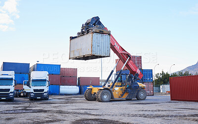 Buy stock photo Logistics industry, forklift shipping container for distribution truck and supply chain export in Canada. International transportation for ecommerce, industrial global trade and cargo freight service