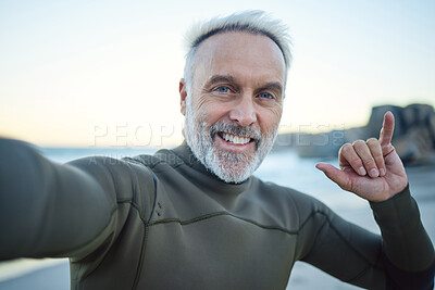 Buy stock photo Beach, selfie and a happy elderly surfer man at water on weekend morning. Freedom, ocean and happiness, fun on retirement surf holiday in Hawaii. Health, nature and senior on video call at the sea.