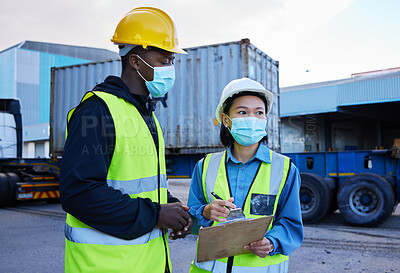 Buy stock photo Covid, logistics and checklist employees and mask at shipyard, clipboard and discuss cargo transportation. Employees, black male and asian female talk shipping supply chain storage, import and export