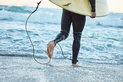 Buy stock photo Legs, surfboard man at beach and ocean waves for fitness, adventure and healthy lifestyle on Bali summer tropical vacation. Surfer running in sea water, relief of stress and surfing in wet suit.