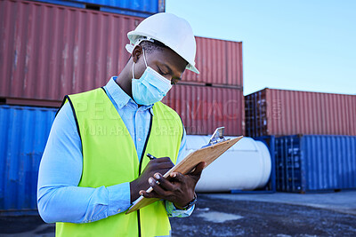 Buy stock photo Black man working in covid with face mask, shipping container in supply chain industry and logistics stock inventory. Healthcare safety in export company, essential worker in port and medical virus