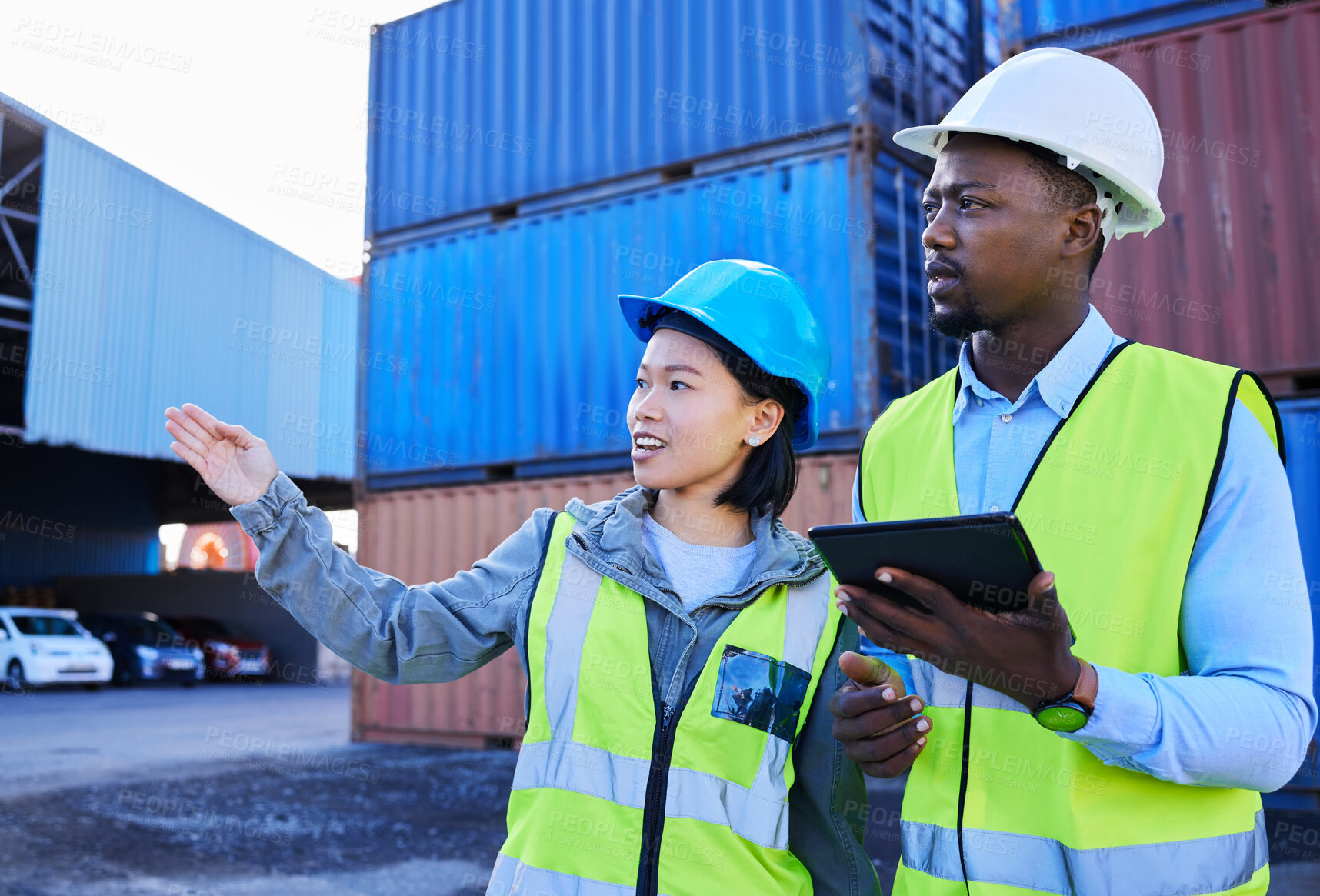 Buy stock photo Logistics, tablet and team for industry shipping of workers checking warehouse in container yard. Business people or contractors in teamwork working with technology and containers for shipment