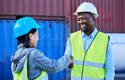 Buy stock photo Logistics, handshake and shipping worker welcome boss at supply chain, export and international trade port. Distribution workers with b2b, meeting and thank you for teamwork, collaboration and trust