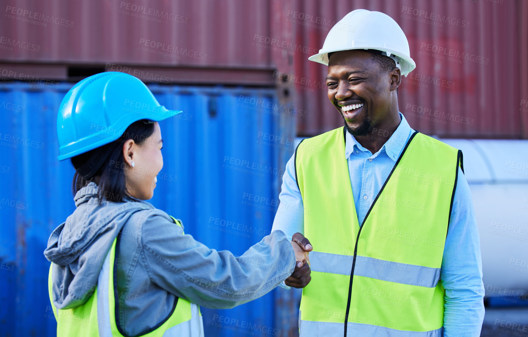 Buy stock photo Logistics, handshake and shipping worker welcome boss at supply chain, export and international trade port. Distribution workers with b2b, meeting and thank you for teamwork, collaboration and trust