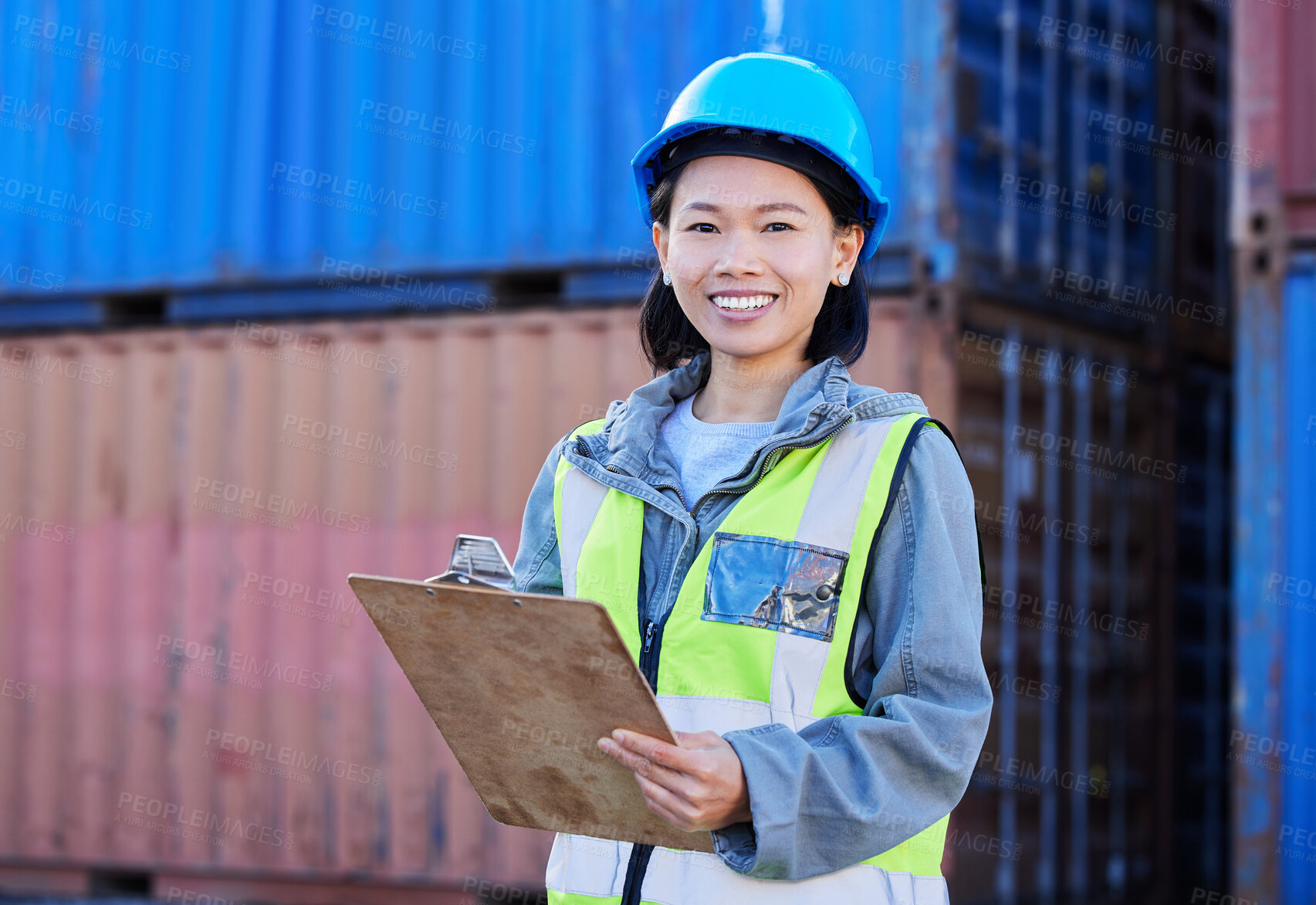 Buy stock photo Logistics, cargo and a woman with inventory checklist on clipboard. Container yard, supply chain and happy shipping port employee from Japan. Smile, manager or inspector global freight company depot.