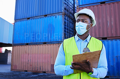 Buy stock photo Logistics, shipping and businessman in covid with clipboard in cargo container yard. Construction worker with  mask doing stock inspection for transportation, delivery and import and export industry