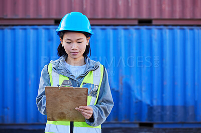 Buy stock photo Woman in shipping, logistics and transport with checklist for freight inventory management or stock inspection. Storage container, cargo and commercial courier delivery for supply chain distribution 