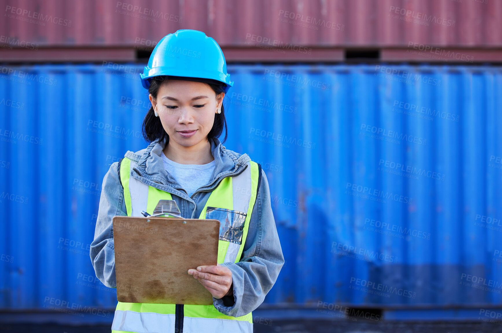 Buy stock photo Woman in shipping, logistics and transport with checklist for freight inventory management or stock inspection. Storage container, cargo and commercial courier delivery for supply chain distribution 