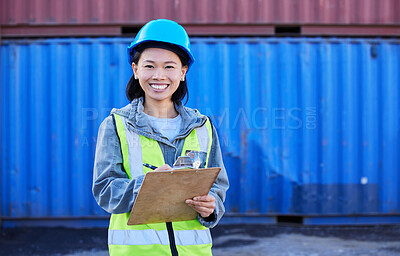 Buy stock photo Logistics, inspection and portrait of an industrial woman working at an outdoor warehouse with containers. Shipping yard, clipboard and industry manager checking inventory at a delivery cargo freight