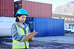 Logistics, inspection and worker working on shipping of delivery at an outdoor warehouse or port. Asian industrial employee writing notes and inventory while working in the supply chain business