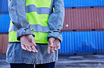 Hands, man and arrest of engineer in handcuffs for theft, crime or fraud. Corruption, law and logistics, shipping or container worker or criminal in hand cuffs arrested for bribery, scam or stealing.