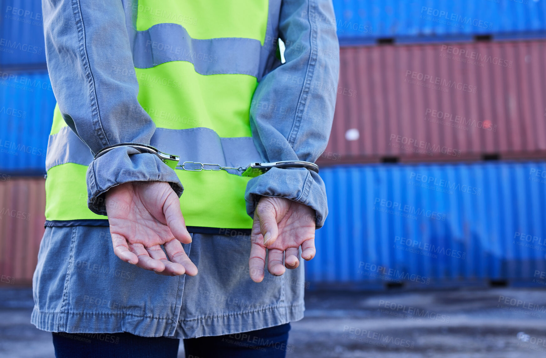 Buy stock photo Hands, man and arrest of engineer in handcuffs for theft, crime or fraud. Corruption, law and logistics, shipping or container worker or criminal in hand cuffs arrested for bribery, scam or stealing.