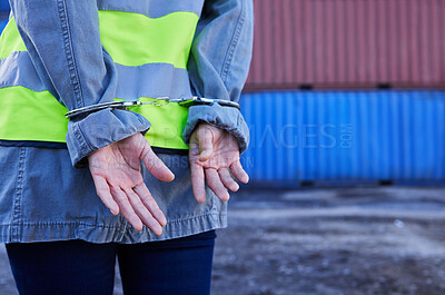 Buy stock photo Corruption, crime and cargo engineer in handcuffs for fraud, money laundering business or supply chain scam. Construction worker, security guard or freight criminal arrest for legal job compliance