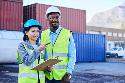 Buy stock photo Logistics, planning and employees talking about cargo delivery while working together at a port. Industrial team speaking about shipping of stock and inspection of container at an outdoor warehouse