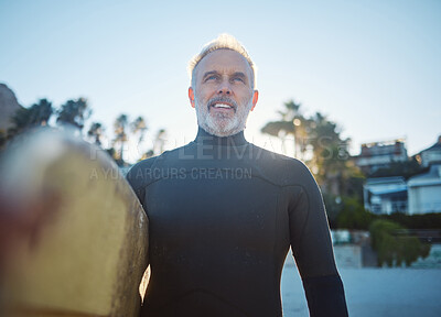 Buy stock photo Beach, surfer and old man at sea ready to start surfing on summer holiday vacation in his retirement in Hawaii. Freedom, ocean and senior man with surfboard feeling confident, excited and happy 