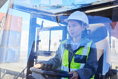 Buy stock photo Asian woman, logistics and machine for industry shipping at work for transportation in container yard. An engineer working in industrial warehouse with transport machinery for cargo shipment