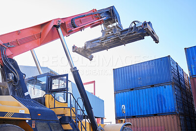 Buy stock photo Crane, box container and delivery cargo shipping business company in manufacturing, shipping and distribution of stock. Industrial freight machine transport truck export supply chain courier package