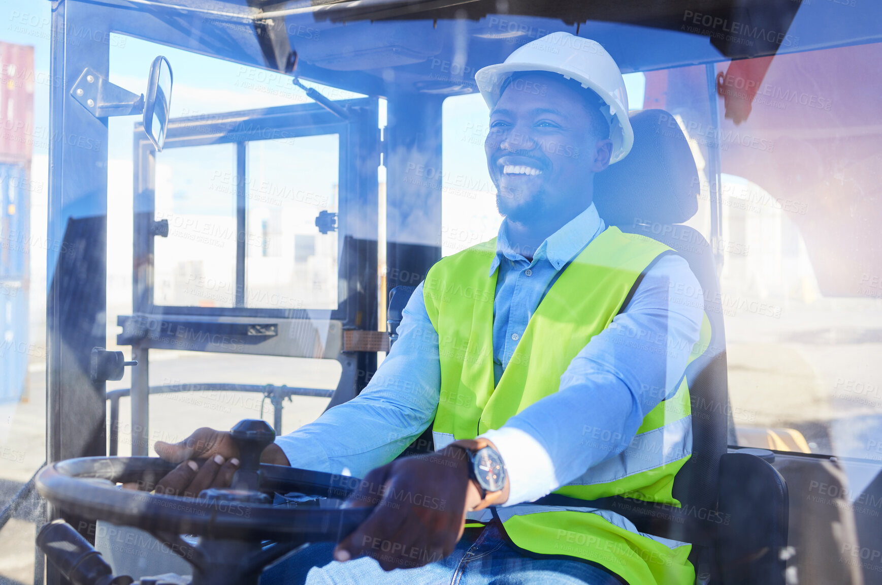 Buy stock photo Truck, logistics and transport with a black man or shipping worker driving a vehicle on a commercial container dock. Freight, cargo and stock with an male courier driver at work in the export trade