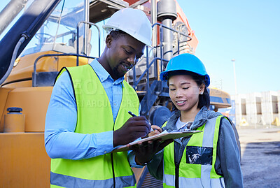 Buy stock photo Logistics checklist, transportation and engineer people inspection of truck for supply chain management, cargo or export teamwork. Diversity, contract construction worker industrial site job planning