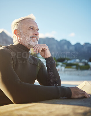 Buy stock photo Surf, happy and surfboard mature man at beach for fitness and adventure on summer tropical Hawaii vacation. Sport person, retirement and healthy lifestyle motivation, surfing and water sport in sun.
