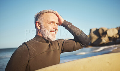 Buy stock photo Elderly, man and beach to surf in summer for wellness, fitness and health on adventure. Senior, ocean and surfer in sun, waves and sea in retirement to relax, exercise and workout in water in Cancun