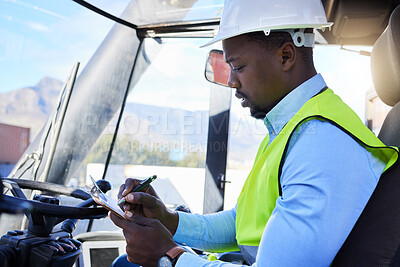 Buy stock photo Logistics, forklift and checklist with black man driver working in shipping yard for supply chain, delivery and ecommerce. Transportation, cargo and truck with construction worker in warehouse plant