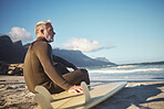 Surfer, surfboard and senior man on beach for surfing adventure trip waiting for sea waves in nature for water sports activity. Fit male at ocean in summer for surf training on travel in South Africa