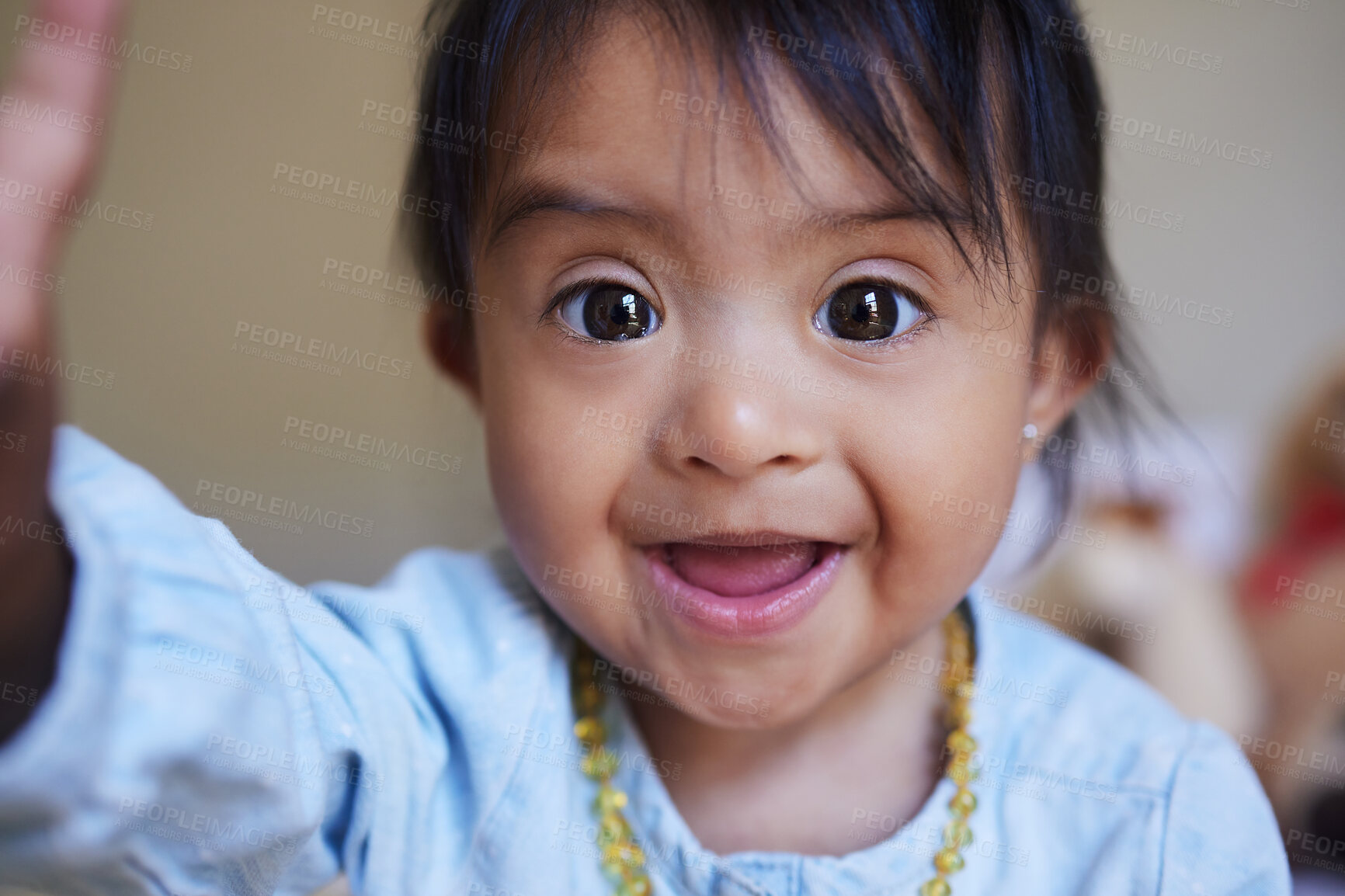 Buy stock photo Children, down syndrome and selfie with a girl taking a photograph while looking cute or adorable. Kids, disability and picture with a young female child posing for a self portrait alone in her home