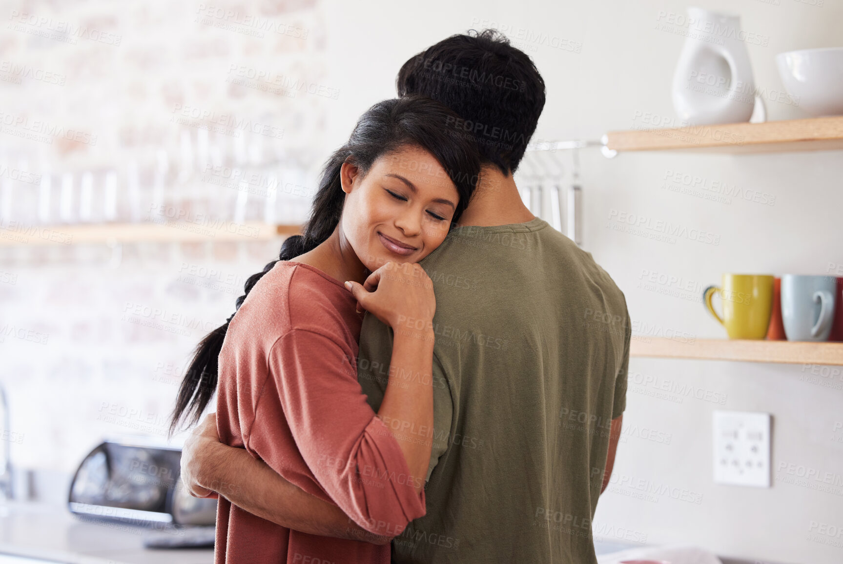 Buy stock photo Happy, love and hug with couple in kitchen together for growth, marriage and support. Smile, relationship and wellness with man and women in embrace at home for trust, lifestyle and goals or trust