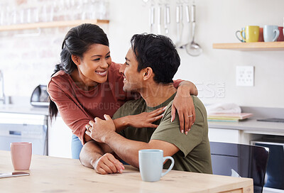 Buy stock photo Couple love, happy and support or care conversation, hug and talking together at kitchen table. Married Asian man and woman affection or loving, healthy bonding and romantic smile at family house


