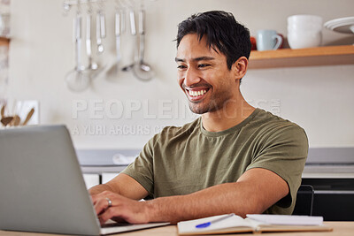 Buy stock photo Internet, technology and man kitchen with laptop, happy freelance worker from India. Startup work from home, Indian businessman with smile doing online research and typing on computer with notebook.