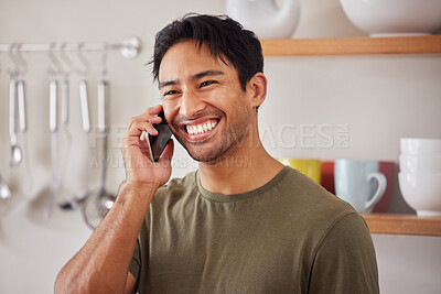 Buy stock photo Happy man, phone call and communication in home kitchen for conversation, connection and talking in Colombia. Smile young guy speaking on smartphone, cellphone discussion and mobile technology hello