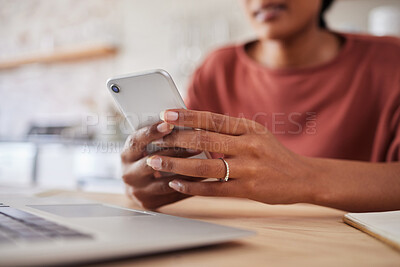 Buy stock photo Woman, hands and phone for business startup working on table chatting, texting or social media at home. Hand of a freelancer in remote work and browsing mobile smartphone in communication by desk