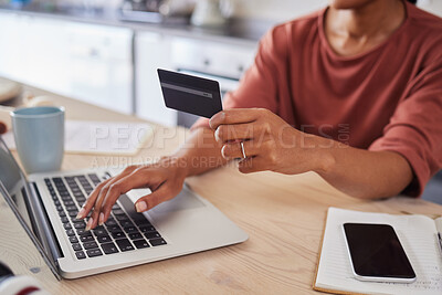 Buy stock photo Credit card woman, online shopping and ecommerce laptop payment, online budget and internet finance at home. Hands trading bills, investment and banking money transfer on fintech computer technology 