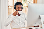 Telemarketing, coffee and customer service employee in call center with headphones at desk. Worker or consultant at table on computer talking to client, check crm or consulting with technical support