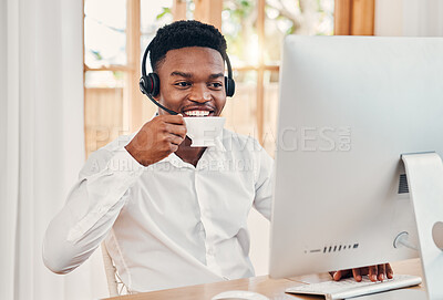 Buy stock photo Telemarketing, coffee and customer service employee in call center with headphones at desk. Worker or consultant at table on computer talking to client, check crm or consulting with technical support