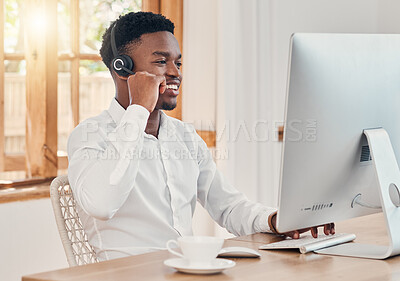 Buy stock photo CRM business, person in customer service support and black man working from office home online computer. Telemarketing with internet, call center agent at help desk or receptionist on video call