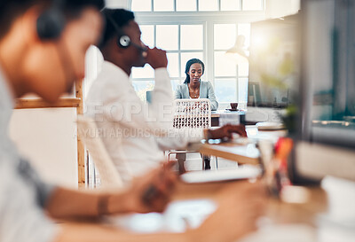 Buy stock photo Burnout, sad and anxiety call center telemarketing worker with problem, bad mental health or depression. Female sales representative or advisor feeling fail, tired and thinking on break in office