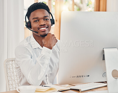 Buy stock photo Call center, communication and black man talking with people on the internet and working in sales for telemarketing company. Portrait of an African customer service worker consulting on a pc online
