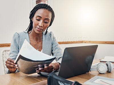 Buy stock photo Black woman with business documents, small business entrepreneur working on strategy and planning online marketing. Learning startup industry vision, laptop for advertising company and technology job