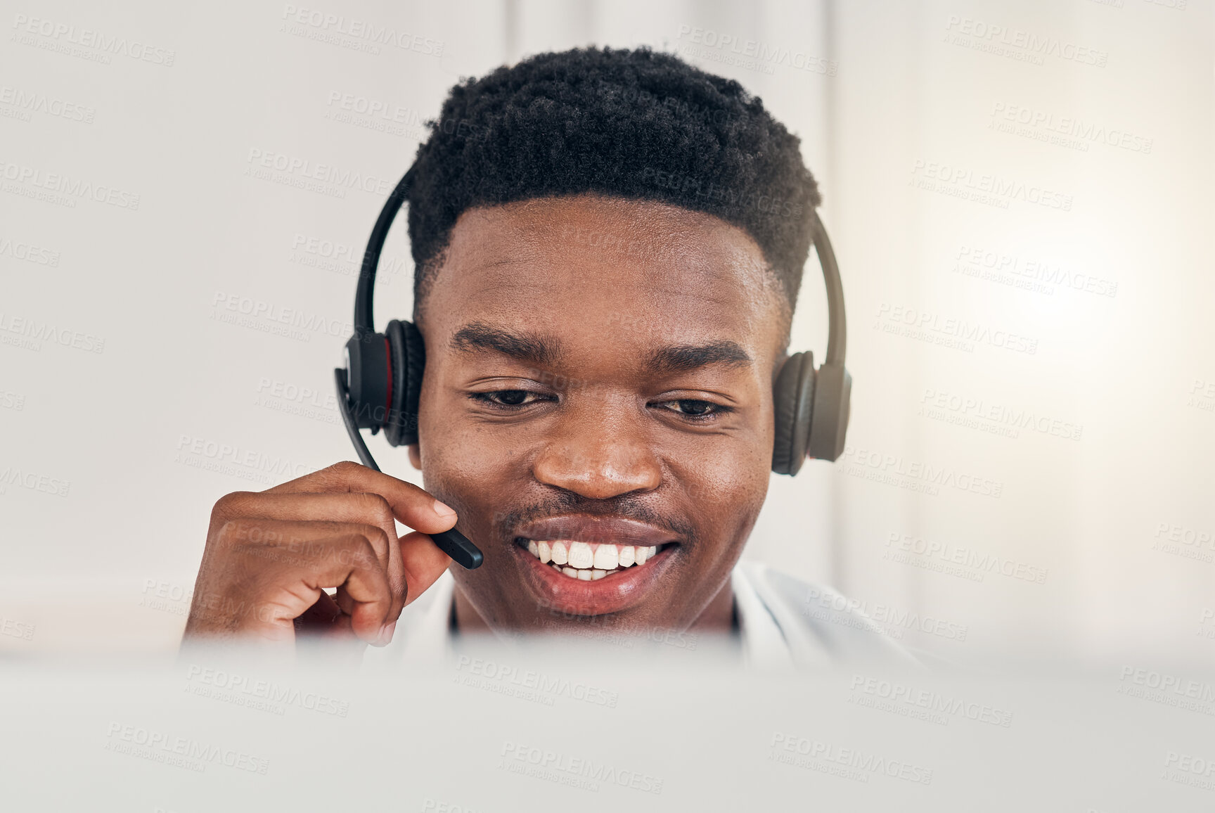Buy stock photo Black man, customer support with a smile and working at call center or telemarketing communication company. Professional digital consultant job, help people with faq and respond to contact us message
