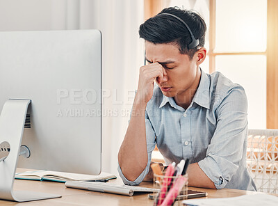 Buy stock photo Headache, burnout and stress call center businessman with computer for information technology. Asian online IT support agent, virtual advisor or telemarketing worker tired, frustrated and depression