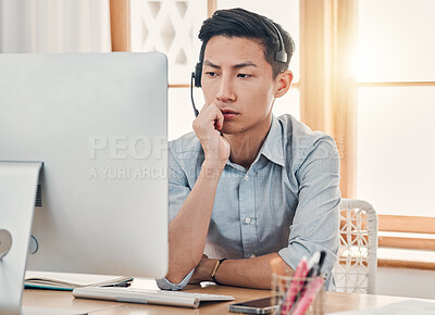 Buy stock photo Consulting, thinking and call center with businessman at computer working on idea, telemarketing and customer support. Crm, inbound marketing and sales with employee at desk for email, help and kpi