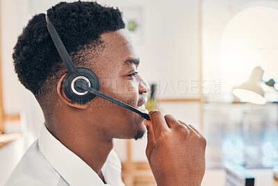Buy stock photo Call center, business and black man consulting, giving support and help to people online at work. Face of an African customer service employee working as a consultant for a telemarketing company