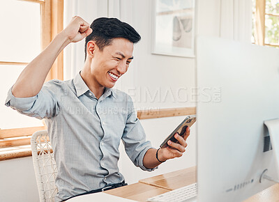 Buy stock photo Happy, excited and celebration, man with phone in startup office gets text or email with news on investment reward. Success, celebrate and winner businessman from Japan at desk reading profit report.