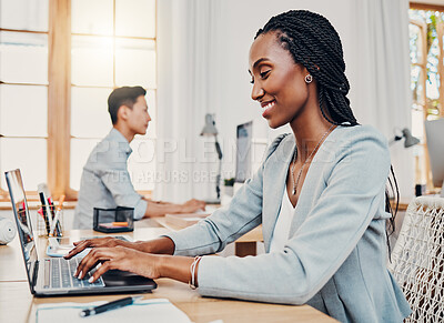 Buy stock photo Finance black woman, office and laptop typing corporate business financial accounting online profit report. African girl accountant, pc keyboard or writing company tax success strategy internet email