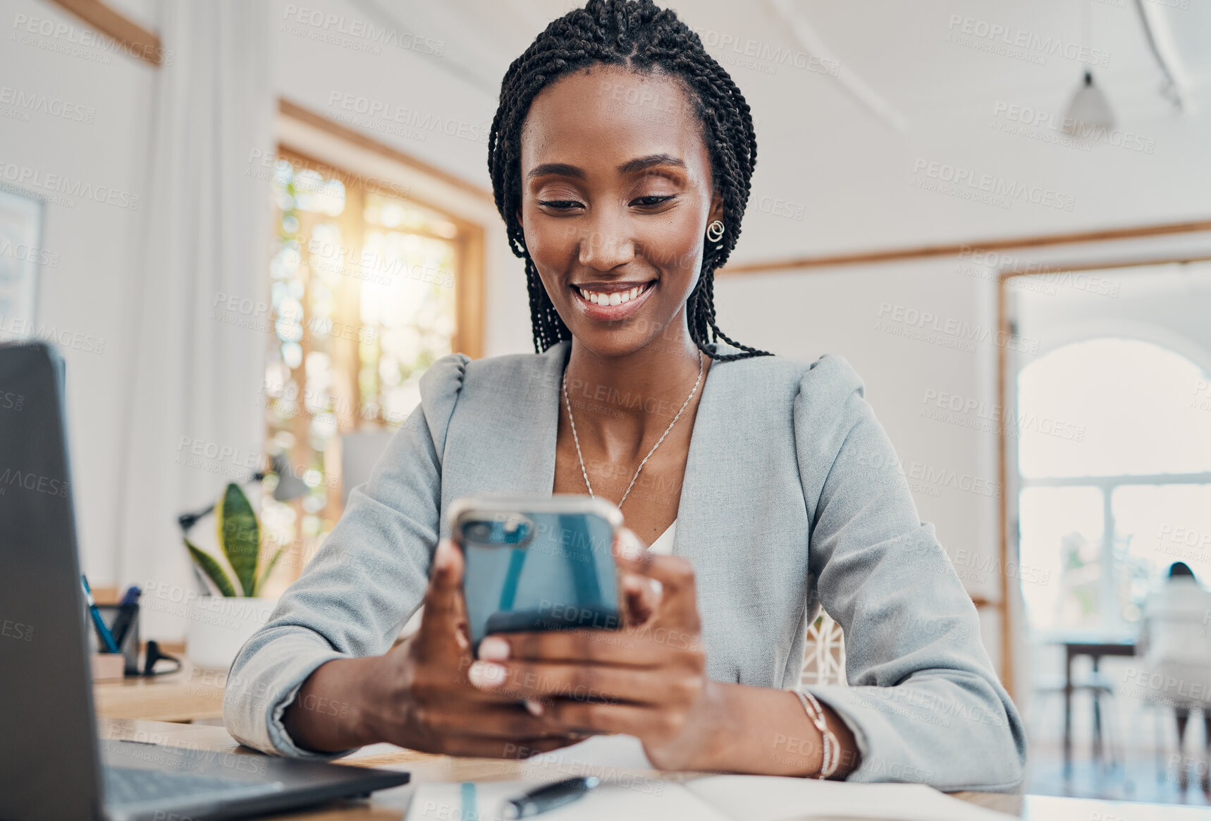 Buy stock photo Black business woman on smartphone, reading social media online and working in restaurant cafe with wifi. Intern studying with laptop in coffee shop, learning mobile communication and career success
