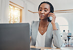Black woman, on business phone call and communication networking while working on laptop at desk in office. Corporate, professional and do research on internet for planning and strategy for meeting. 