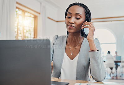 Buy stock photo Black woman, on business phone call and communication networking while working on laptop at desk in office. Corporate, professional and do research on internet for planning and strategy.